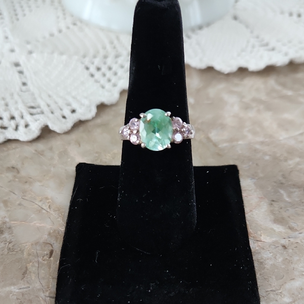Sterling Silver Oval cut Lab Created Sea Foam Green And Pink Stones, Size 8 Ring